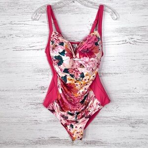 ROMENZA TARGO Floral Ruched Wireless One Pie Swimsuit 12 Pink